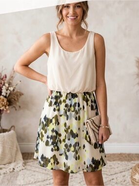 Charlies Cream Top with Olive and Gray Printed A-Line Skirt